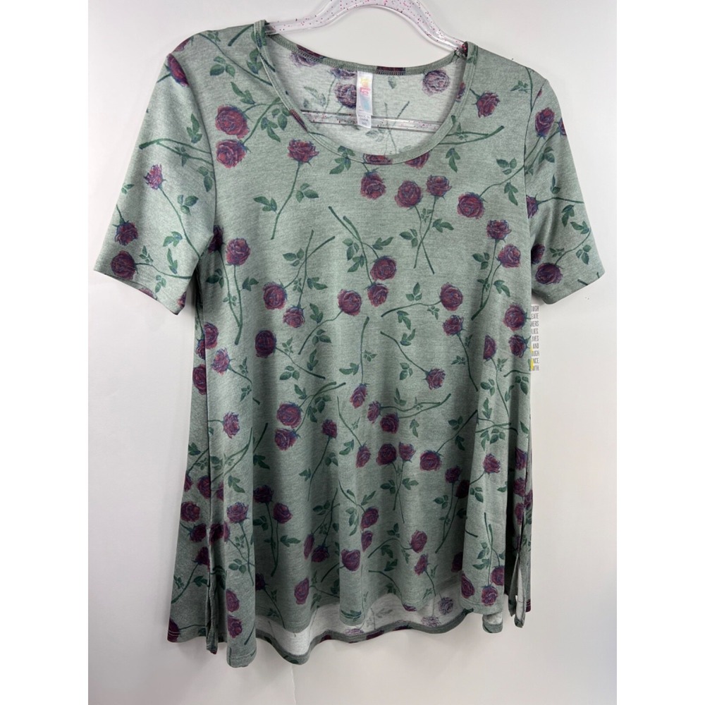 NWT LuLa Roe Tunic Women's XXS Gray with Pink Roses Short Sleeve